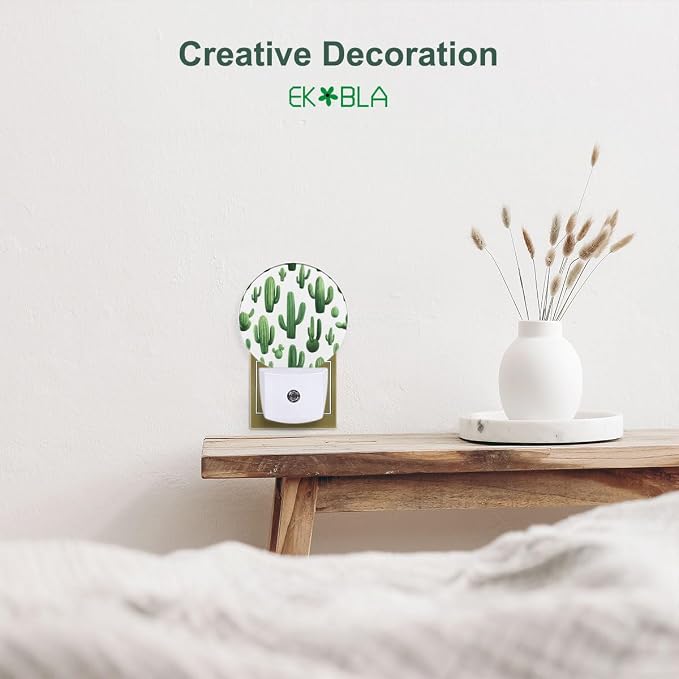 EKOBLA Cactus Night Light, Green Cactus with “Stuck On You” Quote Night Lights Plug Into Wall with Auto Sensor for Home Decor