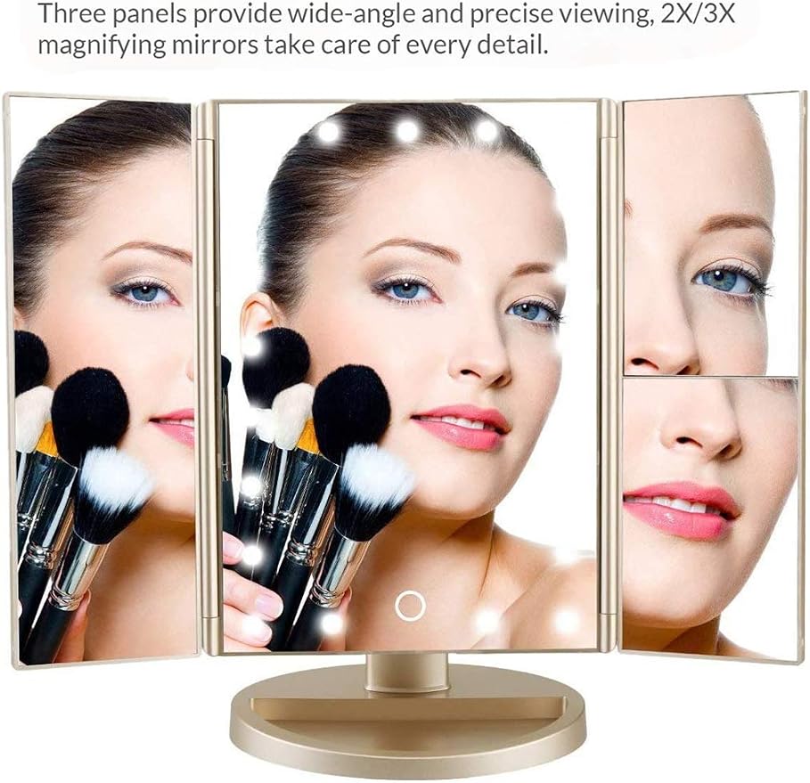 Infitrans Trifold Makeup Mirror Vanity Mirror with Lights,1X 2X 3X Magnification,Touch Control,Adjustable Rotation,Dual Power Supply,Portable Travel Cosmetic Mirror,Birthday Gifts for Women,Teengirls
