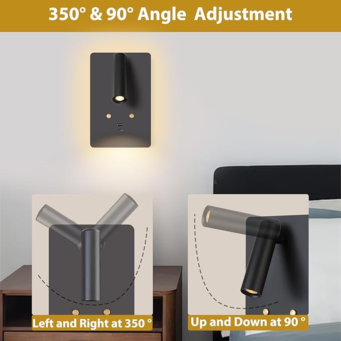 ZEROUNO LED Wall Mounted Reading Light, Adjustable Headboard Plug in Wall Sconce with USB C+A Ports, Touch Control Wall Sconce Lighting for Bedroom Bedside Lamps(Black
