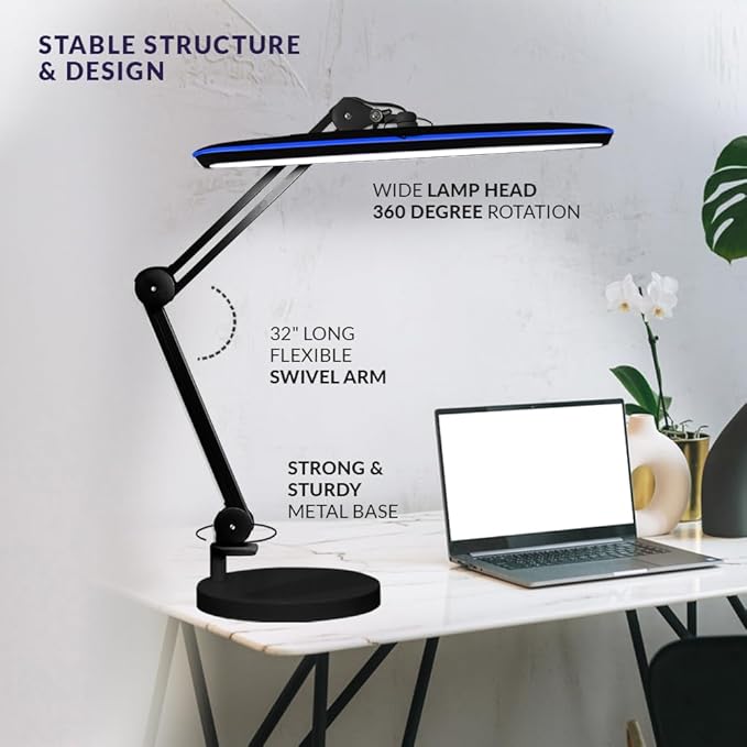 Neatfi XL 24W LED Desk Lamp with Base – 2,200 Lumens | 23” Wide Shade | Dimmable Eye-Caring Task Light | Adjustable Arm | Office, Study, Crafting & Nail Techs (Non-CCT with Base, Black)