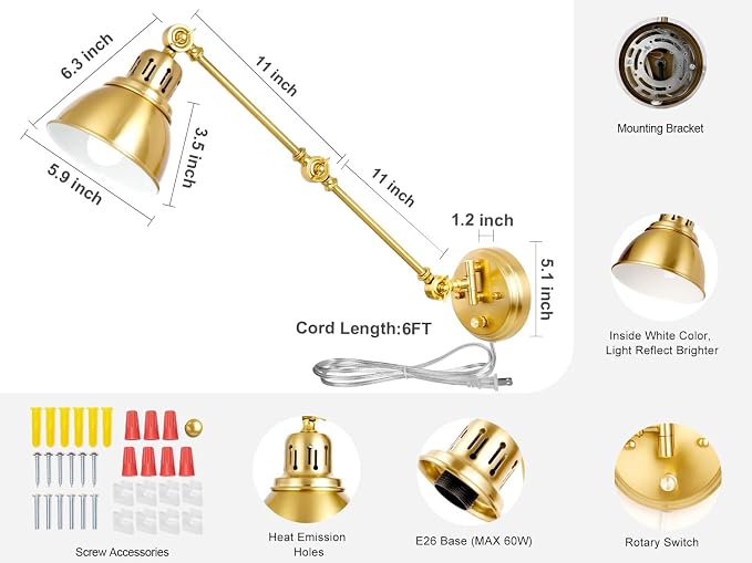 GOODATE 2 Pack Plug in Wall Sconces, Dimmable On Off Switch, Swing Arm Wall Lamps, Wall Sconces Set of Two, Gold Metal Industrial, Plug-in or Hardwired (Gold, Without Bulbs+Remote)