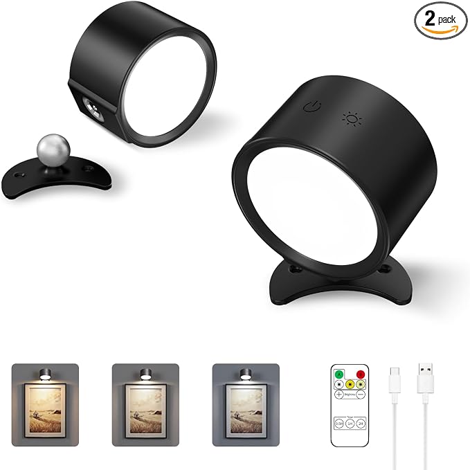 LANMEL LED Wall Mounted Lights,360° Rotating Rechargeable Wall Sconce Lamp | Black 2pack,3CCT,Dimmable,with Remote & Touch Control,USB Wireless Wall Lamp, Suitable for Study,Bedroom,and Bedside Reading
