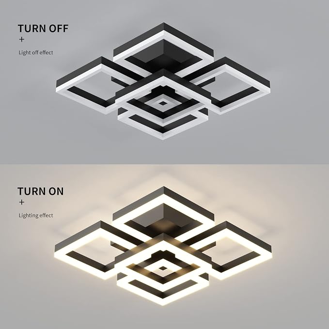 GEADI Modern 5-Square LED Ceiling Light, 64W Black Flush Mount | Dimmable Ceiling Lamp with Remote Control, 3000K-6500K, 17.7in Acrylic Chandelier for Living Room, Bedroom and Office