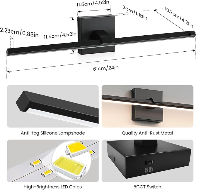 Black Bathroom Vanity Light 24 Inch Modern Bathroom Light Fixtures Over Mirror 18W Dimmable 5CCT LED Vanity Light Bar for Bathroom Mirror Cabinets Bedroom
