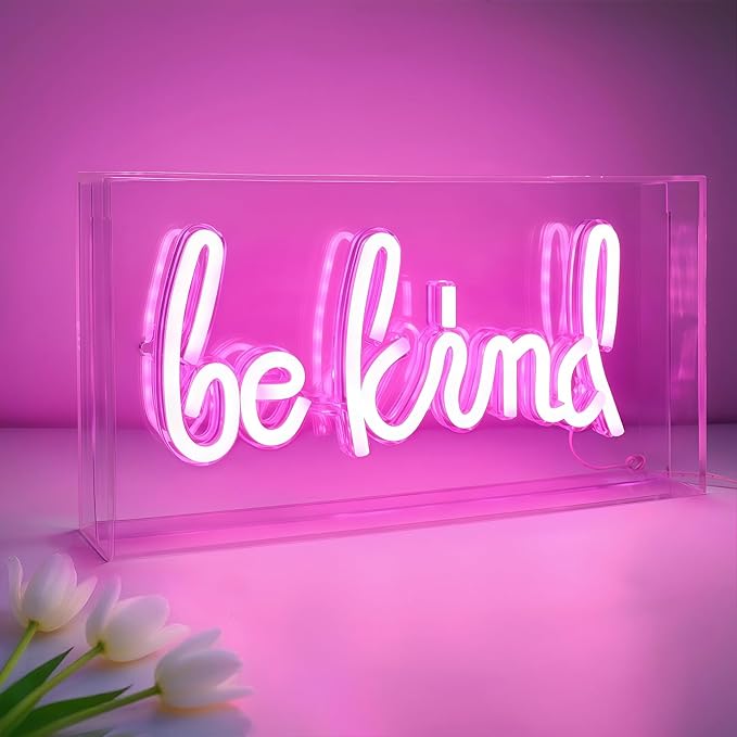 Be Kind Neon Sign, USB Powered LED Neon Light Box with ON/OFF Switch, 3D Acrylic Tabletop and Wall Decor for Girls Room, Bedroom, Classroom, Dorm, Home Office, Shelf, Christmas Birthday Gift (Pink）