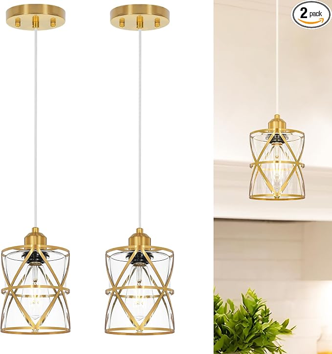 Gold Pendant Lights Kitchen Island Set of 2 , Adjustable Hanging Lights with Clear Glass, Industrial Ceiling Pendant Light for Hallway, Decor, E26 Base - 5.51''Shade,59.06'' Cord(Bulbs Not Included)