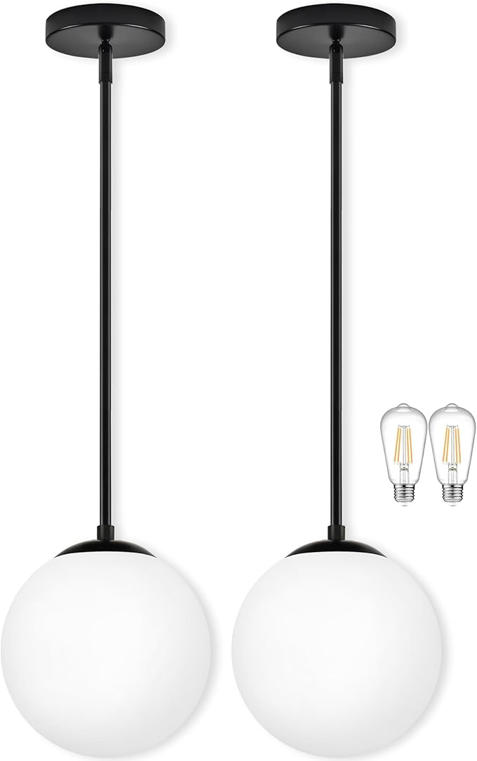 10" Globe Pendant Light Black 2 Pack Mid Century Pendant Light Globe Pendant Lights Kitchen Island Matte Black Finished with Milk Glass Adjustable Ceiling Light Fixtures for Dining Room Bar