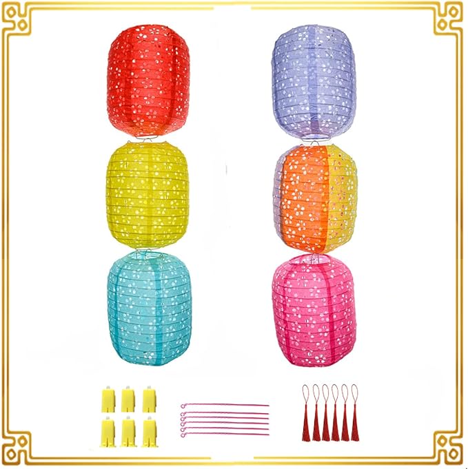 6Pcs Paper Lanterns Chinese Japanese Colorful Hanging Paper Lanterns with LED Lights 8inch Oval Decorative Asian Lanterns Lamps with Tassel Stick for Wedding Birthday Festival Party Decorations