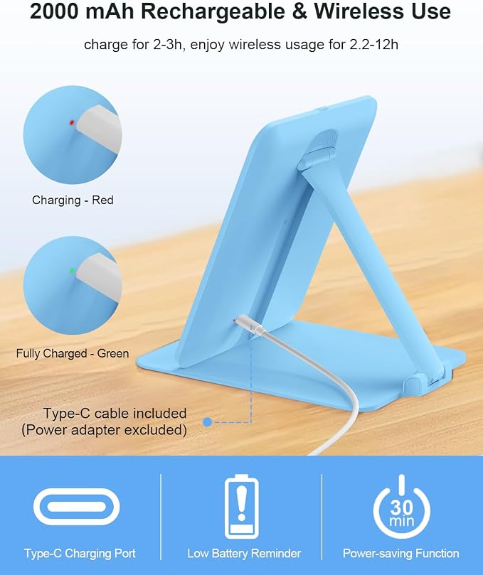 Gospire Travel Makeup Mirror with 3 Lights and Magnification 10X, Blue | Compact foldable LED mirror with smart auto sensor, Adjustable Stand, Dimmable, 2000mAh Rechargeable Lighted Vanity Mirror