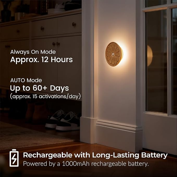 Flower Motion Sensor Night Light, Rechargeable Wooden Lamp | Ash Wood, 3000K Warm White, Backlight Glow, Rechargeable Battery, Magnetic Mount, Sensor Flower Light for Hallway, Bedroom