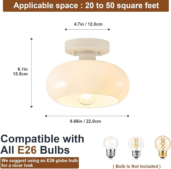 WOKNOS Mid-Century Modern Cream White Semi Flush Ceiling Light 8.66 Inch | Mini White Glass Shade Close to Ceiling Lighting Fixture For Kitchen Entryway Hallway Bathroom Closet Bedroom Laundry Room