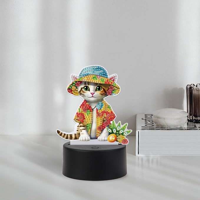JISHSHAY Diamond Painting Night Light Diamond Art Table Lamps Gem Art LED Lights Gem Painting Desk Lamp Mosaic Kits for Adults DIY Kits for Adults Paint by Numbers Special Shaped Cat