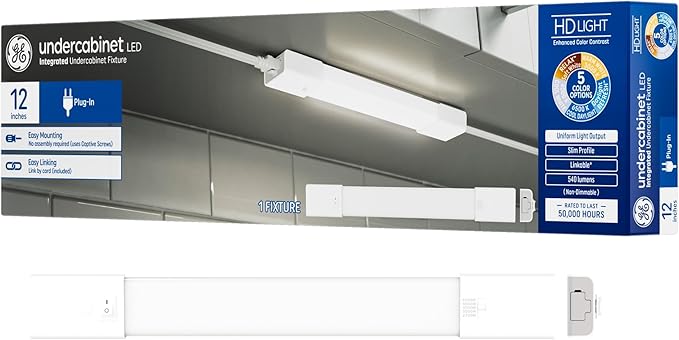 GE LED HD+ Undercabinet Light Fixture, Linkable Integrated Slim Profile Fixture for Kitchens, High Definition Light in 5 Color Temperatures, Plug-in, 12in (1 Pack)