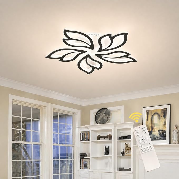 Garwarm 23.6" Modern LED Ceiling Light Fixture, Dimmable Flush Mount Lamp | Flower Black Ceiling Light with Remote Control, Adjustable Color Temperature 3000K-6500K for Low Ceiling Bedroom Kitchen