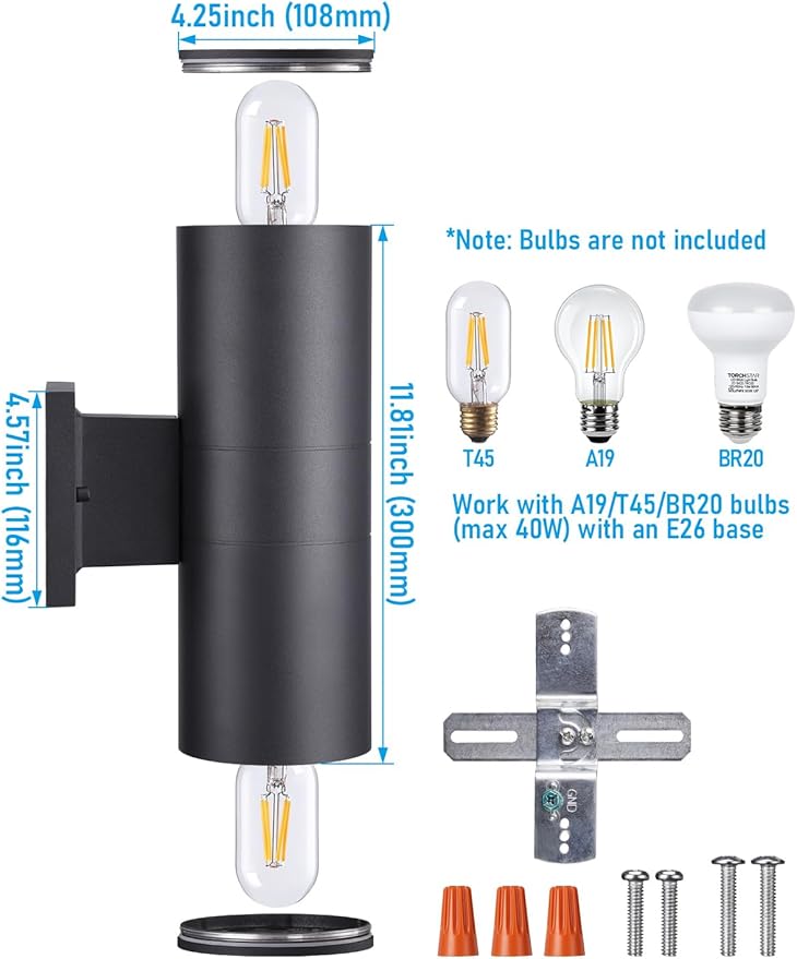 LEONLITE Modern Outdoor Cylinder Wall Lights 12", Porch Light in 2 Lights, Up Down Lights, Matte Black Waterproof Wall Sconce, Aluminum, E26 Base, Exterior Light Fixture Wall Mount, ETL, Pack of 2