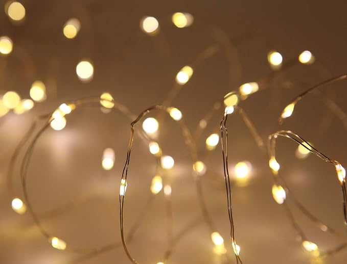 WSgift 4 Pack 33Ft 100 Warm White Led Fairy Lights Battery Operated with Remote Control Timer Waterproof Silver Copper Wire Twinkle Lights