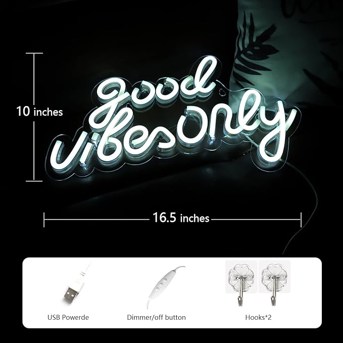 JFLLamp Good Vibes Only Neon Signs for Wall Decor Neon Lights Led Signs Suitable for Living Beer Bar Game Room Hotel Birthday Party Restaurant Christmas Unique Gift for Lover, 16.5 * 10 Inch(White)