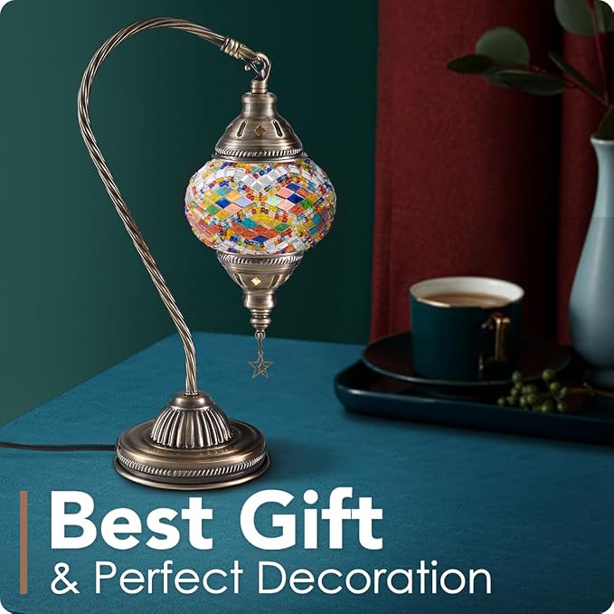 Yarra-Decor Turkish Moroccan Lamp with Bronze Base 3 Color Options Handmade Swan Neck Mosaic Glass Bedside Lamps for Bedroom (LED Bulb Included)(Colorful1)