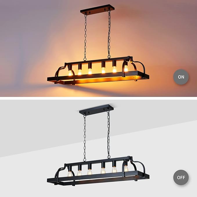 WUZUPS 6-Light Metal Pot Hanging Rack Chandelier Linear Pendant Ceiling Lighting Rustic Farmhouse Fixture Kitchen Island Dining Room, H 9.8" L 40.6" W11.8, E26 Base, Black