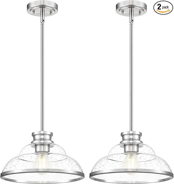 kudos 2 Pack 11" Brushed Nickel Seeded Glass Pendant Lights, KDPL14-BN-2PK | E26 Bulb Base, Hardwired, Farmhouse Styling, Adjustable Hanging Rods for Flat or Sloped Ceilings, for Kitchen Bars