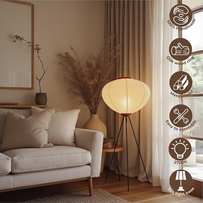 Noguchi Japanese Rice Paper Floor Lamp • 3000K Akari Standing Light for Living Room Bedroom, Modern Paper Lamp Design, Warm White Ambiance Lighting