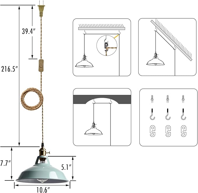 YUBOLE Modern Macaron Plug-in Plendant Light,10.6-Inch Metal Barn Shade | Swag Hanging Light Fixtures with Adjustable 17.06 Feet Plug Cord Pendant for Kitchen Bar Dining Bedroom,Sea Blue