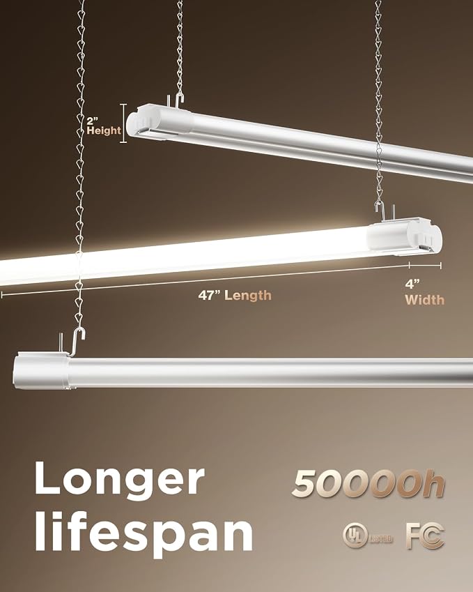 Sunco 6 Pack LED Shop Lights 4FT, Plug in Linkable, White, 40W=150W | 5000K Daylight, 4500LM, Frosted Lens, Pull Chain, Hanging/Surface Mount, 48 Inch Utility Light Fixture for Garage, Workshop
