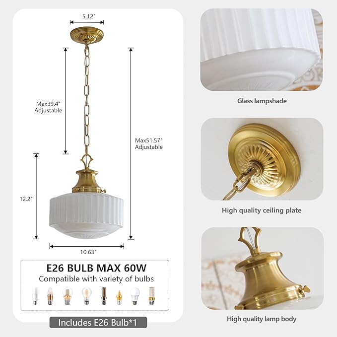 Milk Glass Pendant Light, 10.63" White Pleated Glass Chandelier, Vintage Brass Antique Pendant Lights, for Kitchen Island Lighting, Hallway, Bedroom, Dining Room, Foyer, E26 Bulb Included