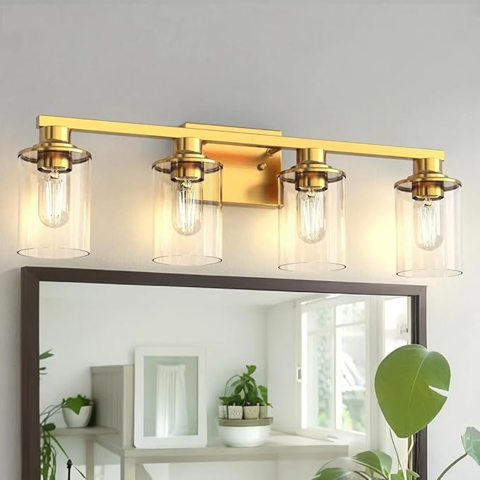 L LOHAS LED Gold Bathroom Light Fixtures with Clear Glass Shade, 4 Light Vanity Lights for Bathroom, Vanity Lights for Mirror Bedroom Hallway