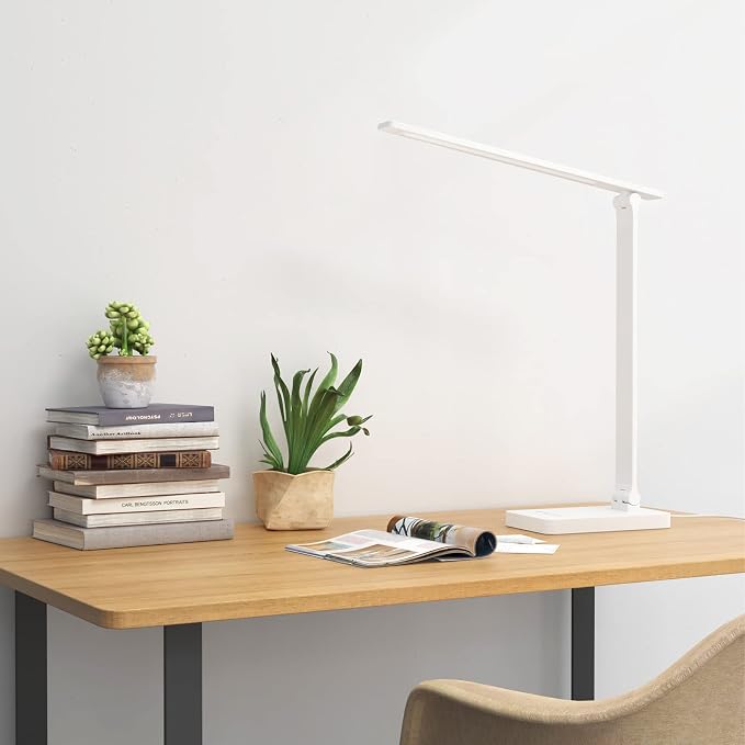Lepro LED Desk Lamp with USB Charging Port for Dorm Room, 700LM 9.5W, White | Dimmable Table Lamp, 5 Colors 5 Brightness, Eye Caring Task Light for Home Office, Sewing, Crafting, Reading, Nail, Drafts