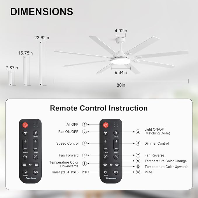 80 Inch Ceiling Fans with Lights and Remote, Bedroom Living Room Office Library Cafe Outdoor Industrial, 5CCT Dimmable, Dual Color 8 Blades, 6 Speed Reversible Quiet DC Motor, White/Wood Grain