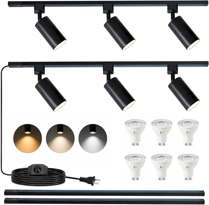 3-Color Plug in Track Lighting Dimmable with Power Cord, 6-Light Track Lighting Kit with 6.6FT H Type Track Lighting Rails, Modern Kitchen LED Track Lighting Fixtures Ceiling Spot Light, Black