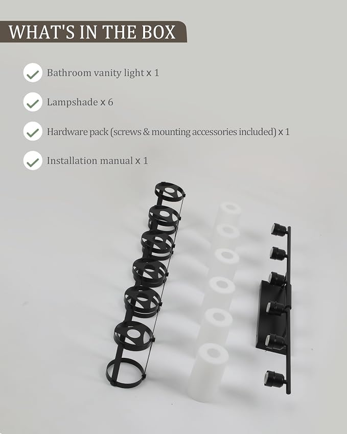 6-Light Matte Black Bathroom Light Fixtures Over Mirror with Frosted Milk Glass and Metal Cage Shade, 42" UL-Listed Modern Farmhouse Wall Sconce for Bath, Hardwire E26, OS-3014BKW-6W