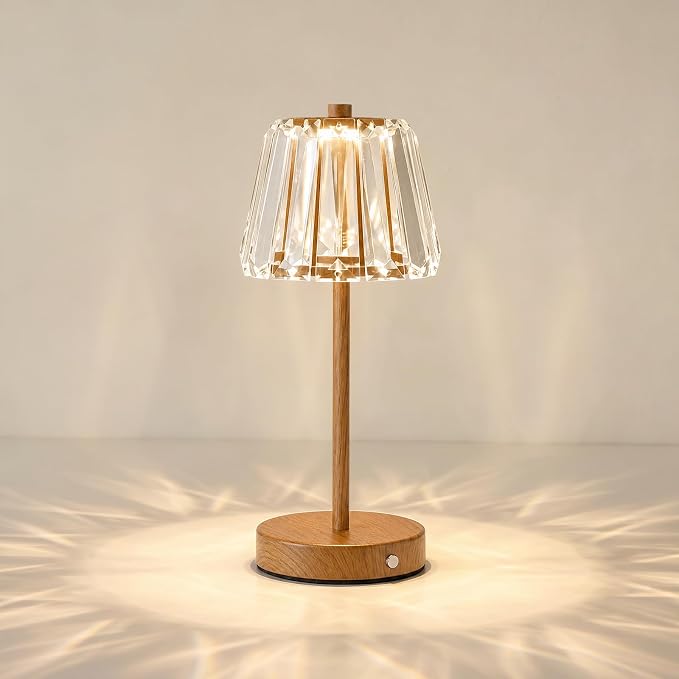13" Small Crystal Cordless Table Lamp, Touch Rechargeable Desk Lamps | 3 Color Temps, Stepless Dimming, Wood Grain Portable Battery Operated LED Desk Lamps for Bedside, Nightstand, Kitchen, Patio