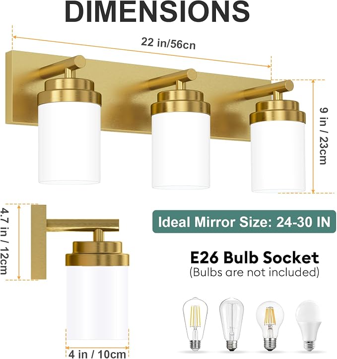 IZORRO Bathroom Vanity Light Fixture, 3-Light 22 Inch Gold Bathroom Light Fixtures Over Mirror, with White Glass Shade, Modern Farmhouse Vanity Lights, Rustic Restroom Lighting Fixtures