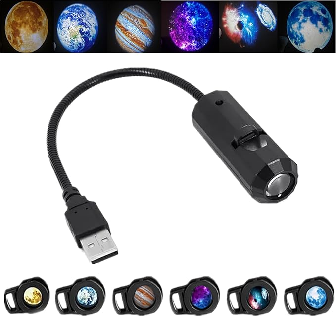 Moon Earth Jupiter Lamp Projector Night Light, 360° Galaxy Projection Light USB Star Night Light Charging Lighting with 6 Film Discs,Romantic Atmosphere Lamp for Selfie Backgroun Bedroom Decor