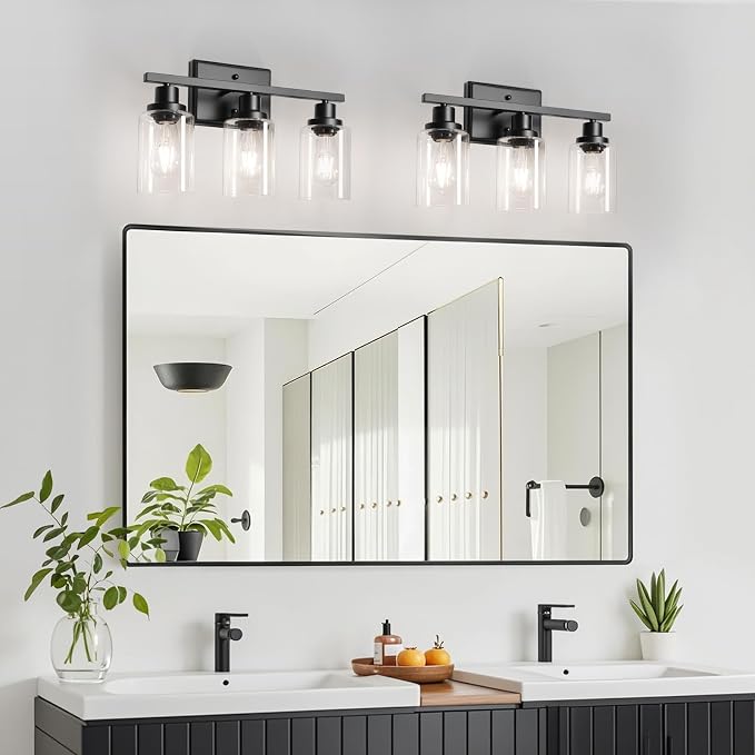 Ascher Bathroom Light Fixtures, 3 Light Vanity Light with LED Bulbs Included, Black Wall Sconces with Clear Glass Shades for Mirror, Kitchen, Living Room, Hallway, Cabinet