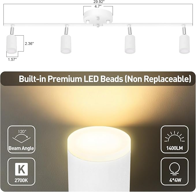 4 Light Track Lighting Fixtures Ceiling, 16W/2700K White Track Lighting with Acrylic Lampshade & Rotatable Light Heads, 20000hrs Lifespan, Modern LED Track Lights Ceiling for Kitchen/Hallyway