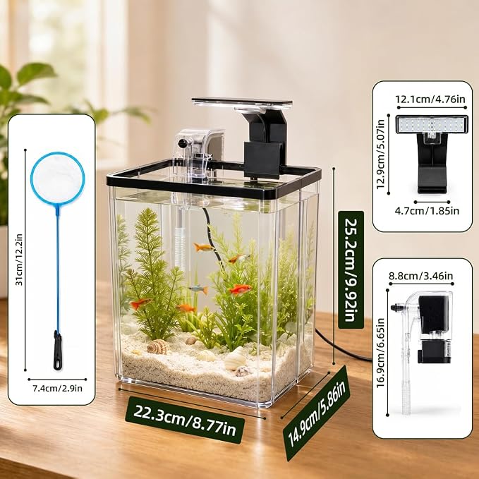 1.5 Gallon Aquarium Small Fish Tank Starter Kit with Filtration & LED Light & Fishing Net for Betta Shrimp Guppy Goldfish Aquatic Plants