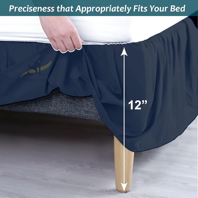 Shreem Linen Ruffled Bed Skirt with Split Corners, Gathered Style, 100% Microfiber, 12-Inch Drop, Dust Ruffle Bedskirt with Platform, King, Navy Blue