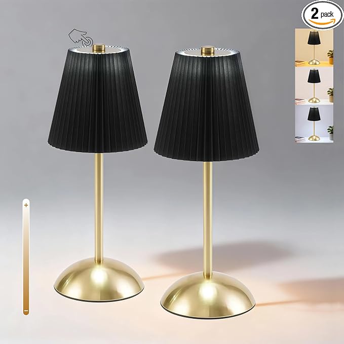 2-Pack Cordless Table Lamps Rechargeable, Battery Mini LED Lamps | Small Wireless Lamps for Tables, Restaurant Table Lamps Dimmable, Black Pleated Touch Lamp with USB for Bedside, Outdoor Use