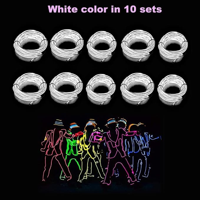 MaxLax EL Wire White 10-Pack, 16.4ft/5m Neon Light Wire with Noise Reduction and Battery Pack…