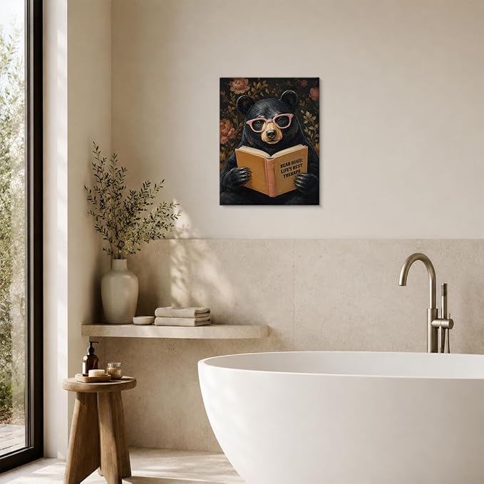 NSFBESSLIA Funny Reading Bear Painting, Whimsical Vintage Animal Decor, Bear Hugs Life's Best Therapy, Humorous Wall Art for Living Room Bedroom Entryway, 8x10 Inch