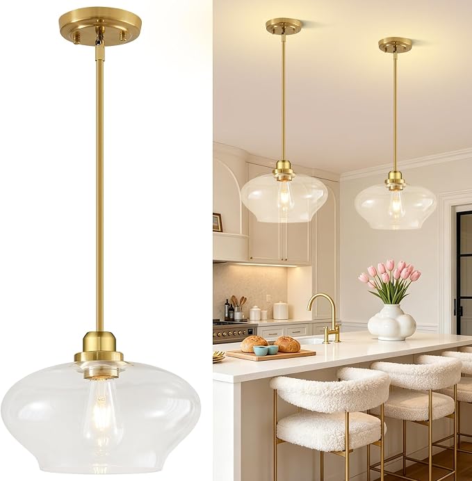 Modern Pendant Lights Kitchen Island, Brushed Gold Pendant Light Fixtures with 11" Clear Glass Shade, Industrial Hanging Pendant Lights Fixture for Kitchen Island Dining Room Bedroom Hallway Entryway