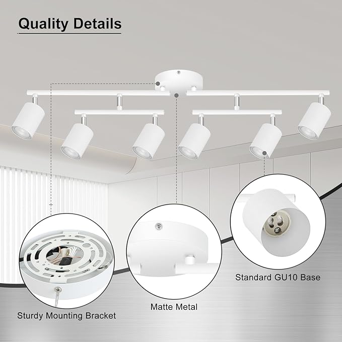 6 Light Track Lighting Fixtures Ceiling, Matte White Kichen Track Lighting Fixtures with Rotatable Light Heads, Upgrade Light Poles, Modern LED Spot Lights for Kitchen/Hallway, No GU10 Bulb