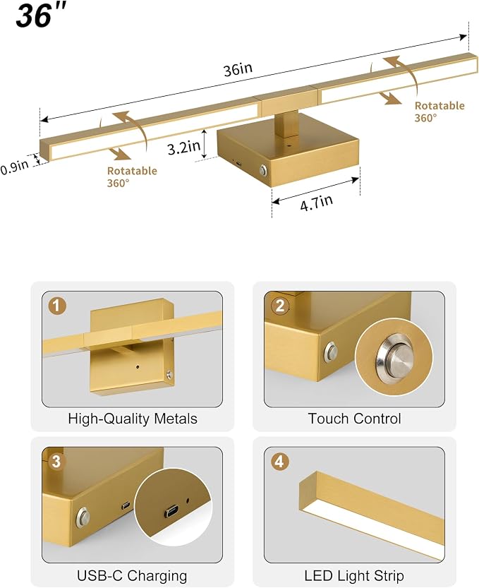 Rayogale Gold Battery Operated Wall Sconce with Remote Control 36 Inch | 3000/4500/6000K Dimmable 8000mAh Wireless Rechargeable Wall Sconces Set of Two with Timer for Living Room, Bedroom, TV