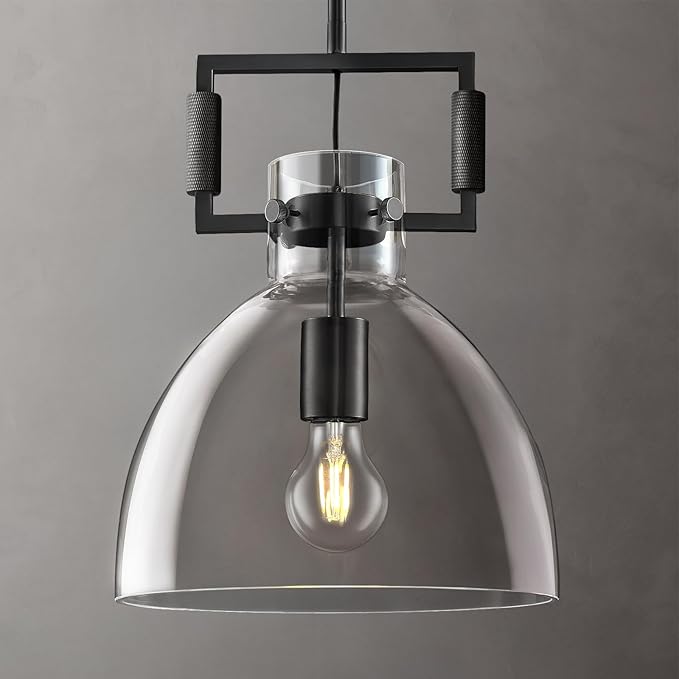 10 Inch Large Knurled Black Blown Glass Modern Kitchen Island Pendant Light Fixtures,1 Light Kitchen Island Pendant Lighting,Single Pendant Light,for Foyer, Entryway, Dining, Includes Two Bulbs