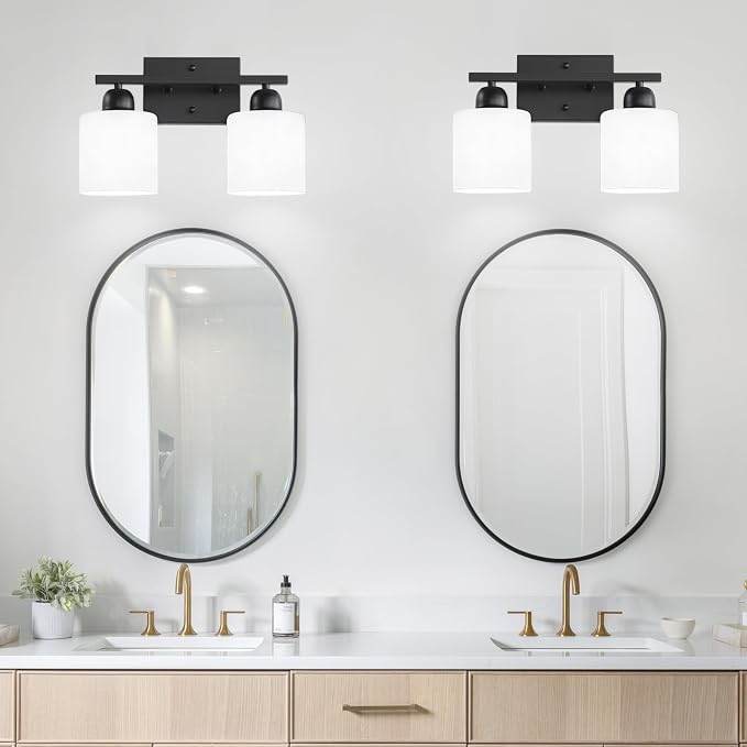 Bath Vanity Lights for Mirror, Restroom Lights Fixtures with Milky White Frosted Glass Shades,Bathroom Over Sink Light Fixtures (Black & Milky White Glass, 2-Light)