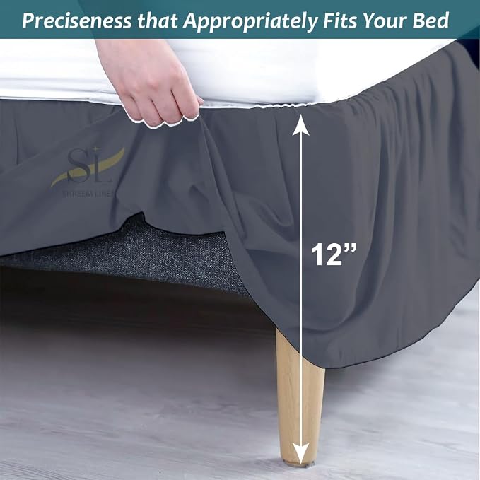 Shreem Linen Ruffled Bed Skirt with Split Corners, Gathered Style, 100% Microfiber, 12-Inch Drop, Dust Ruffle Bedskirt with Platform, Queen, Dark Grey