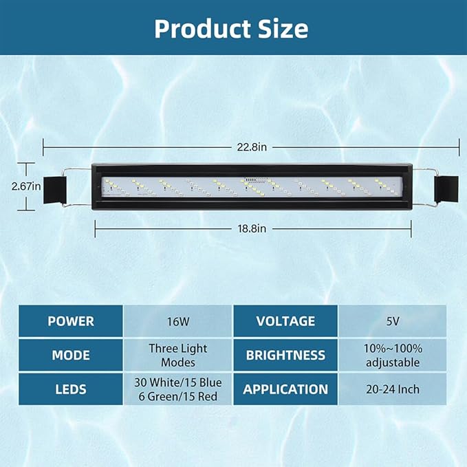 LED Aquarium Light Full Spectrum Fish Tank Light with Dimmer White Blue Red Green LEDs Fish Tank Light with Three Lighting Modes and Extendable Bracket for 20 Inch to 24 Inch Aquarium